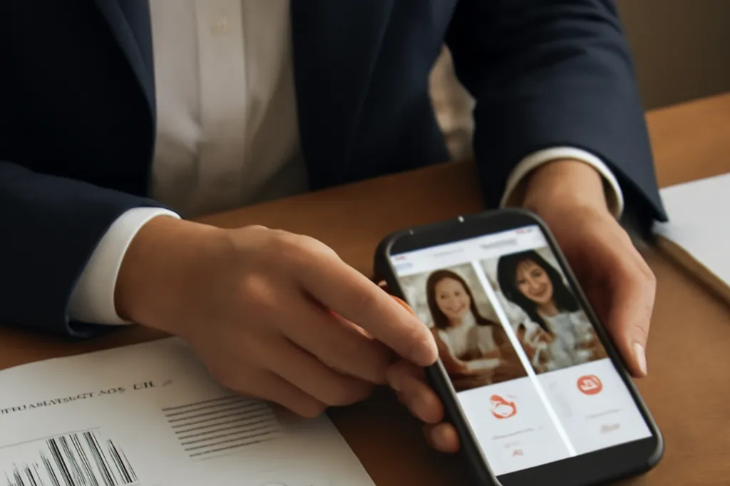 Personne comparant des profils sur une application de rencontre et des documents de préparation d’un rendez-vous international