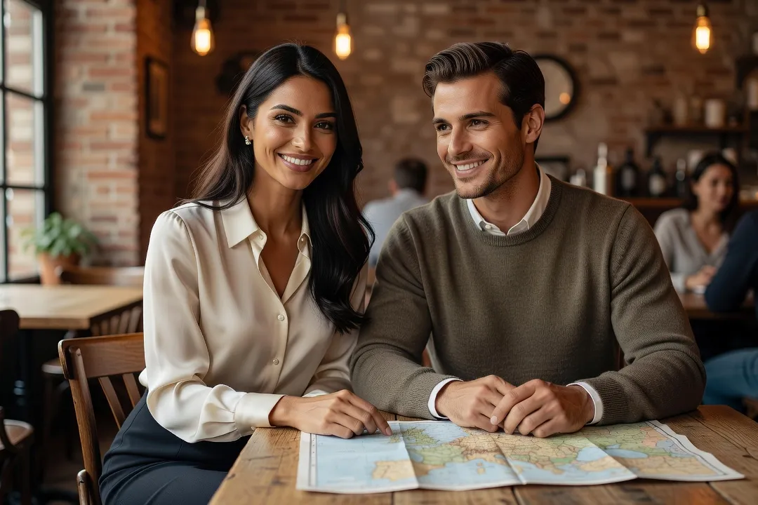 Couple international échangeant autour d’une carte de l’Europe et préparant une rencontre dans un café