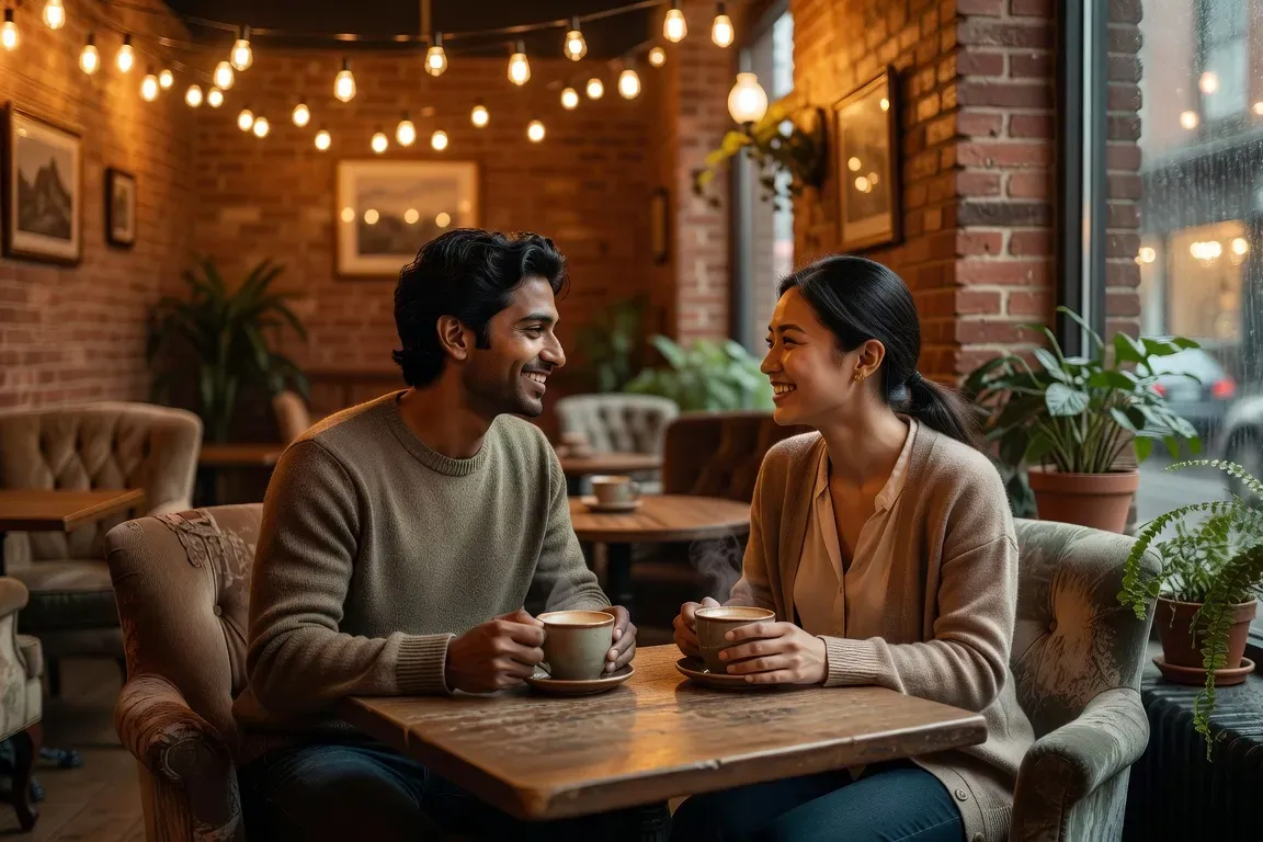 Couple international lors d’un premier rendez-vous dans un café, rencontre via application mobile