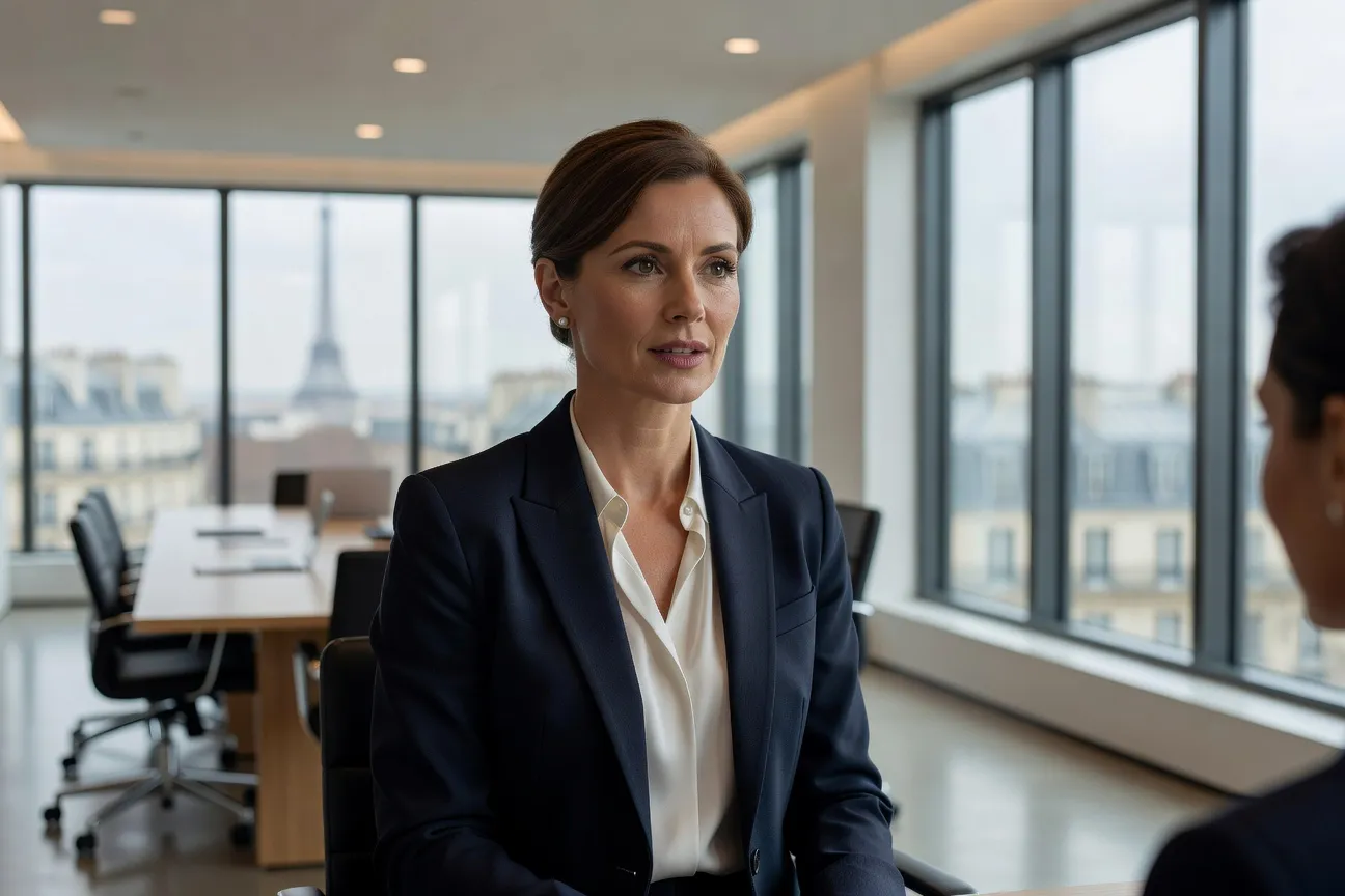 Femme consultante en réunion de conseil, environnement professionnel parisien