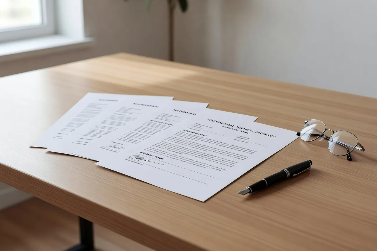 Documents de contrat d'agence matrimoniale sur un bureau, stylo et formulaires