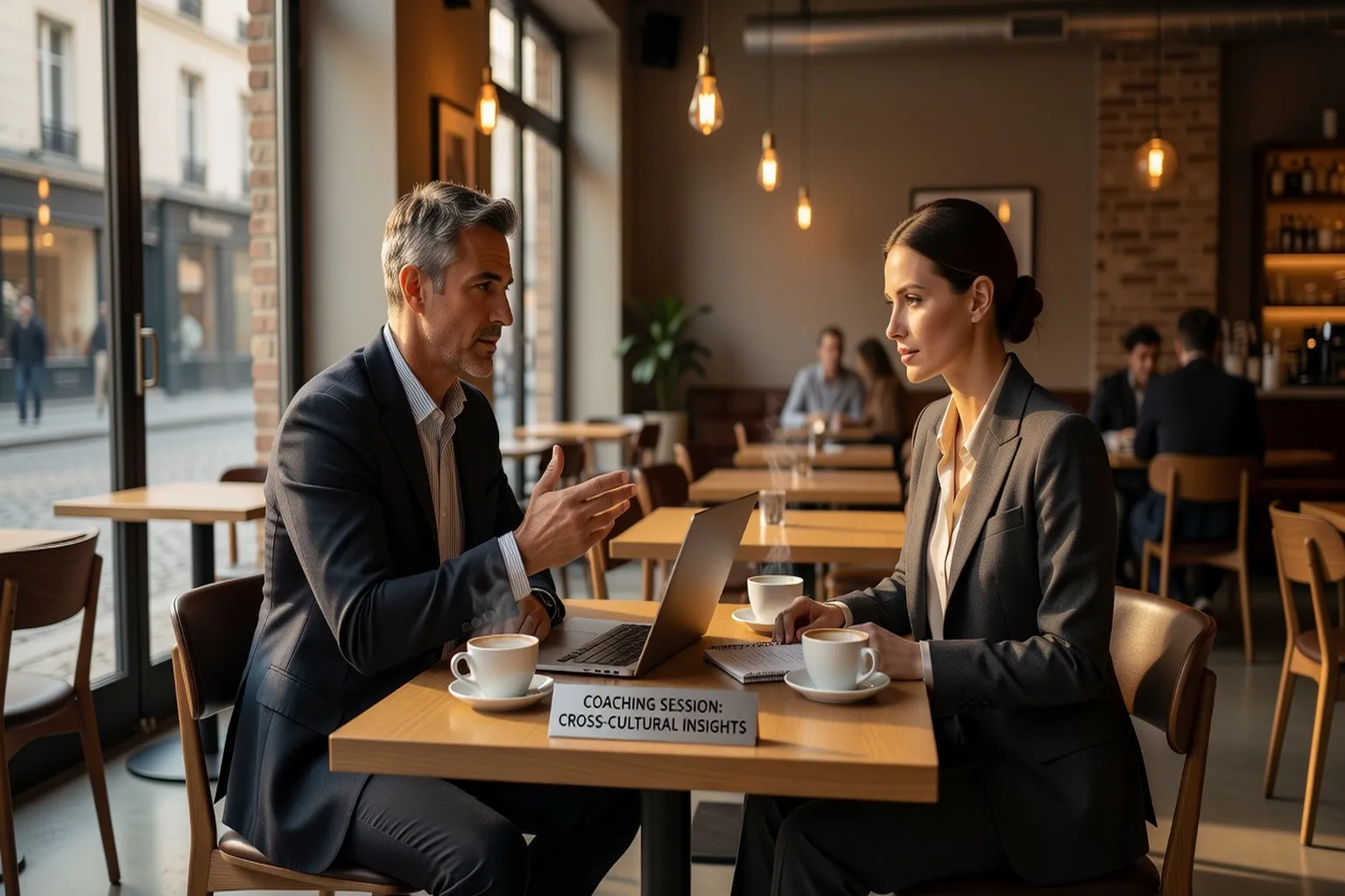 Couple franco-slave en discussion dans un café parisien