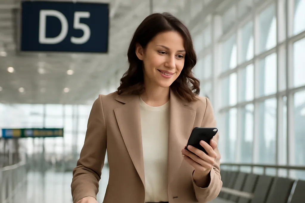 Femme à l'aéroport s'apprêtant à prendre l'avion pour retrouver son partenaire