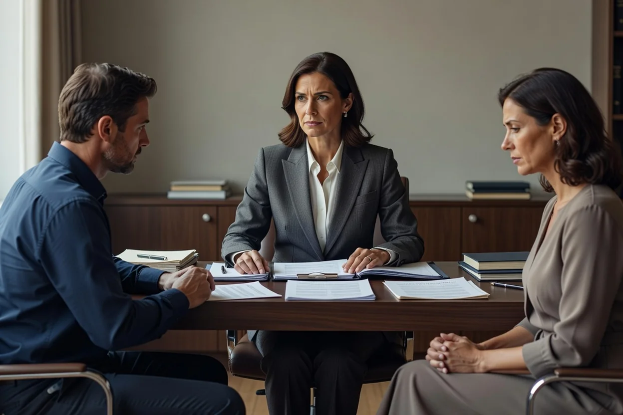 Une avocate reçoit un couple franco-étranger dans son cabinet pour préparer une convention de divorce par consentement mutuel, documents posés sur le bureau