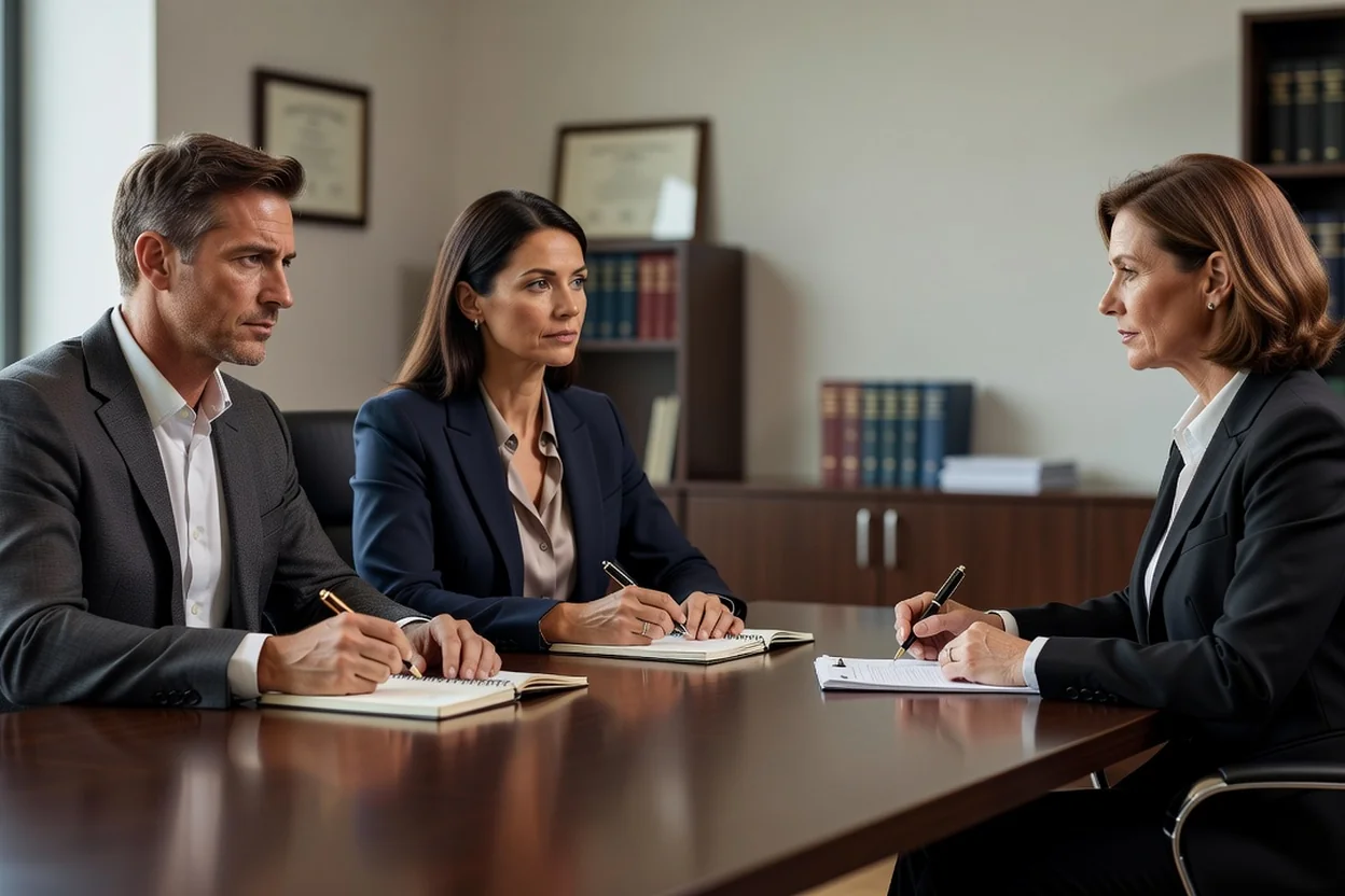 Un couple assis côte à côte face à une avocate prend des notes pendant une consultation sur les conséquences administratives du divorce international