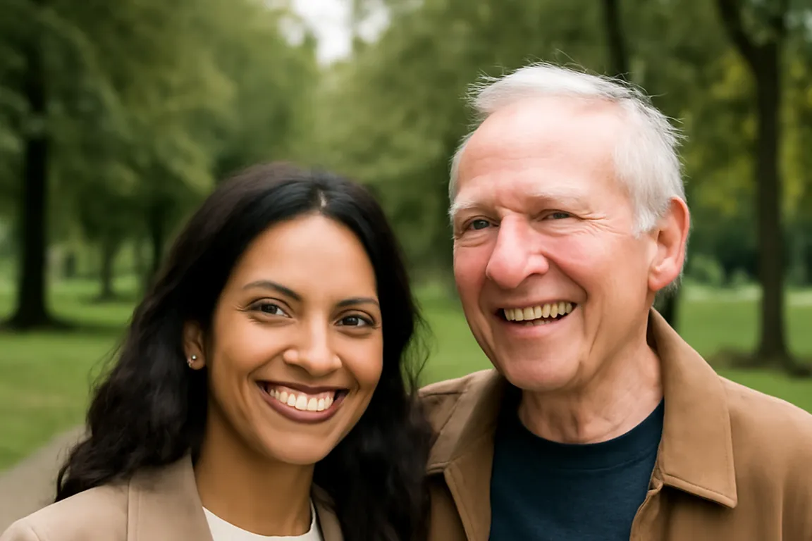 Couple franco-étranger avec un écart d'âge visible souriant ensemble à l'extérieur