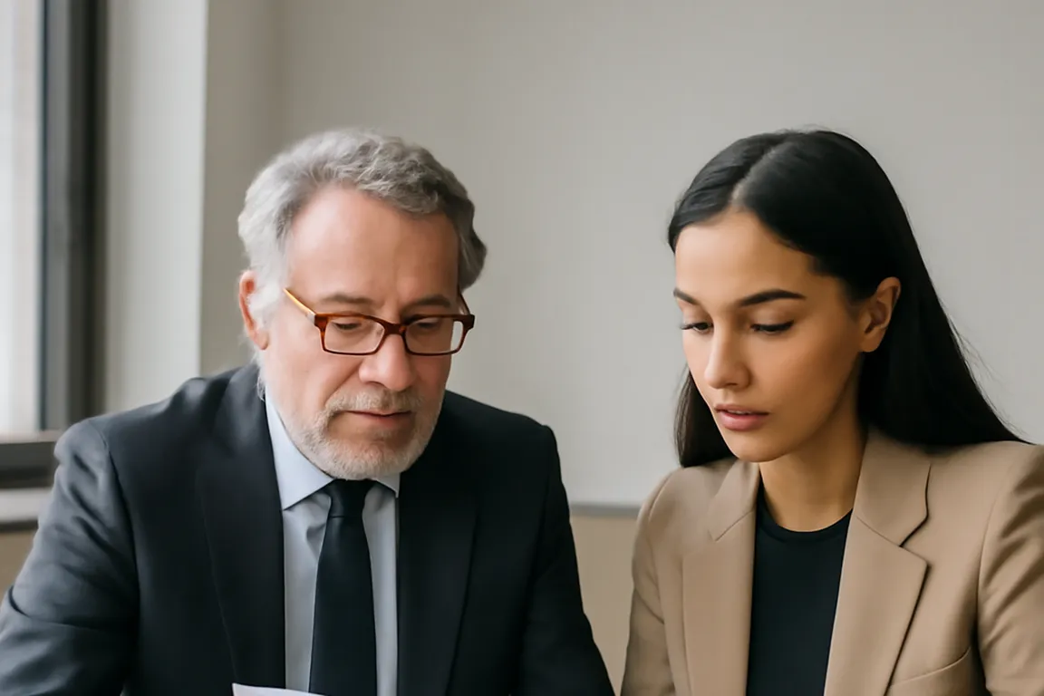 Homme d'âge mûr et jeune femme étrangère consultant ensemble des documents juridiques