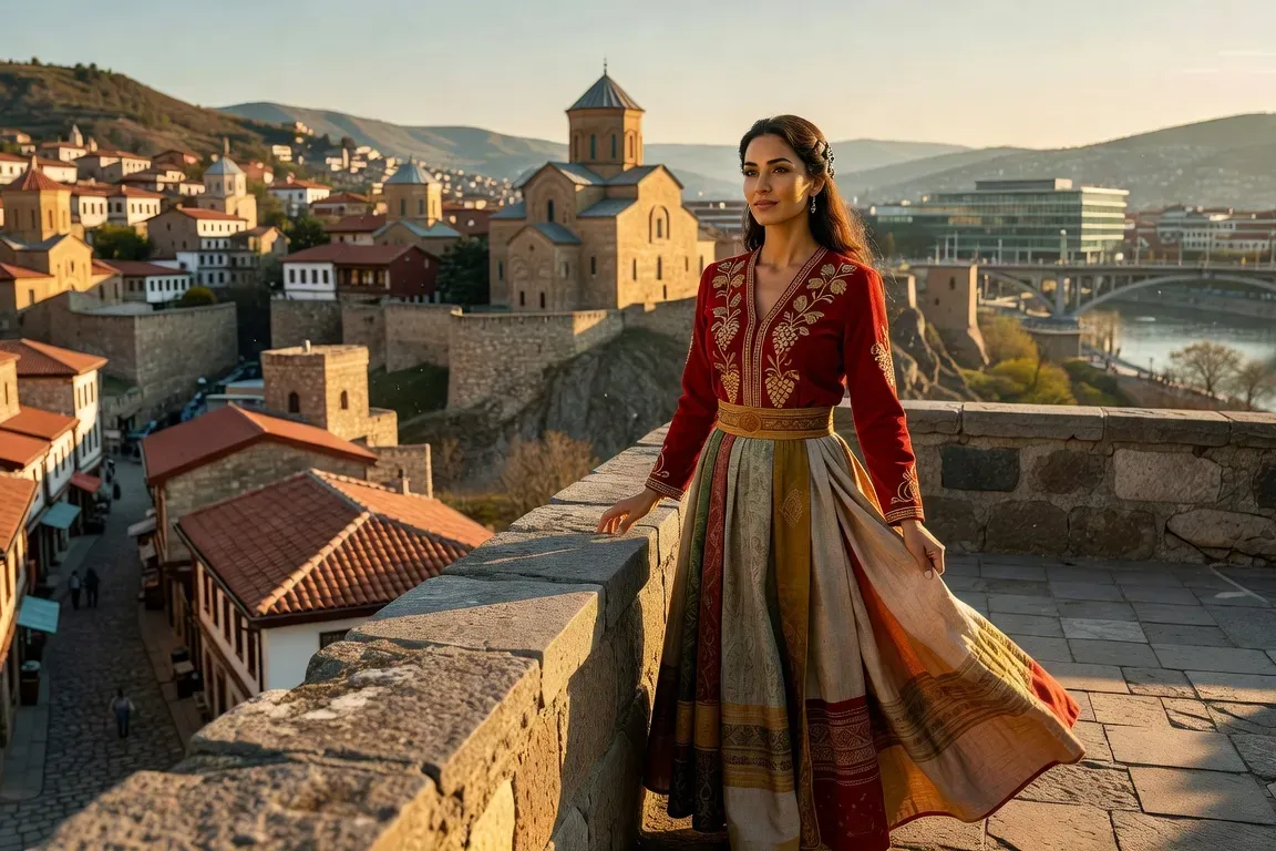 Paysage géorgien avec Tbilisi en arrière-plan et une femme en tenue traditionnelle moderne