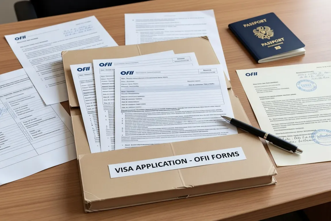 Dossier administratif visa, formulaires OFII et passeport étranger sur un bureau