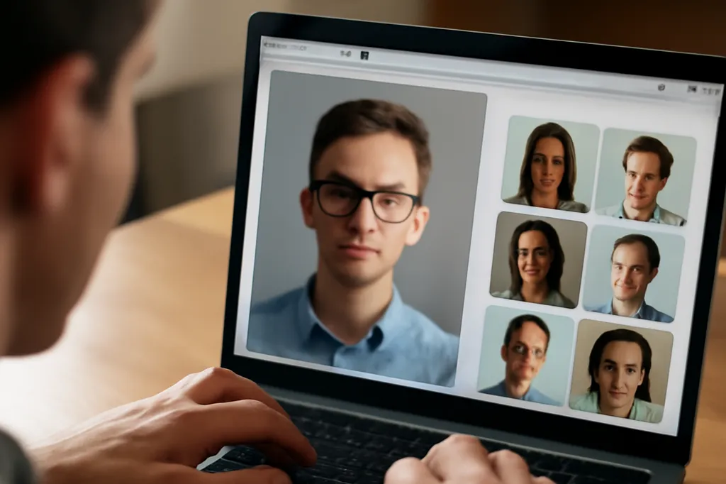 Personne comparant sur un ordinateur une photographie de profil avec plusieurs résultats de recherche d’image inversée