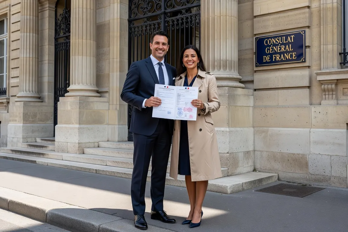 Couple binational devant le consulat avec documents