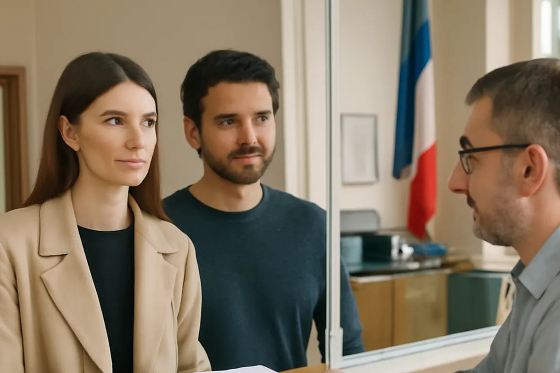 Couple binational déposant un dossier de mariage civil à la mairie