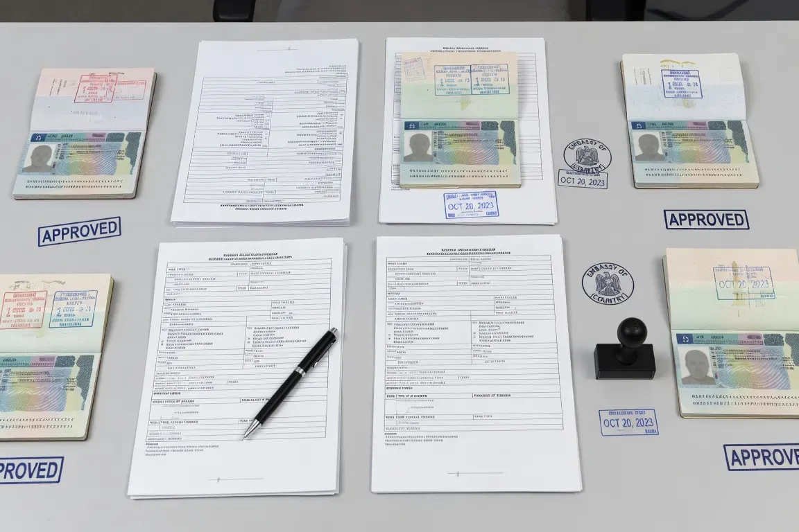 Documents administratifs, passeports et formulaires de visa pour un mariage franco-slave