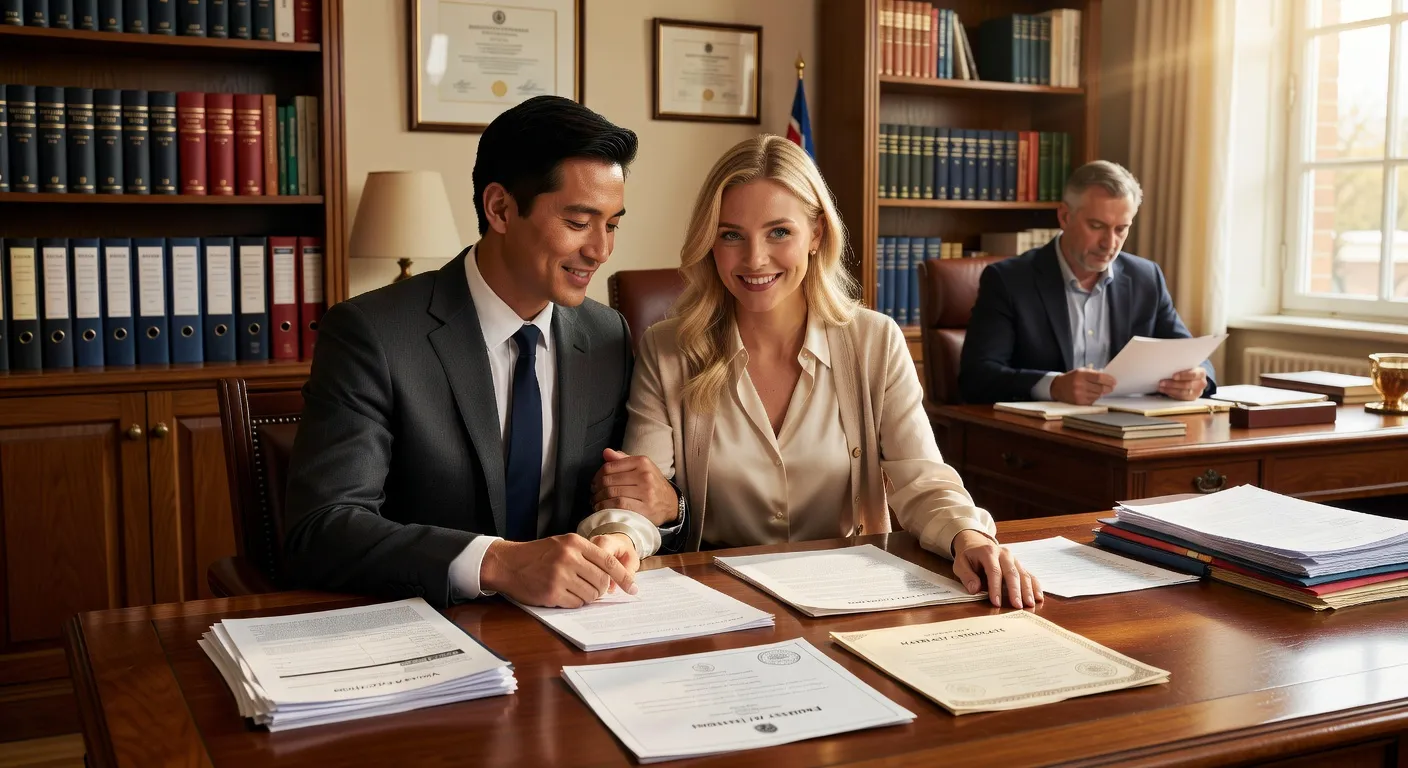 Couple signant des documents officiels dans un cadre administratif