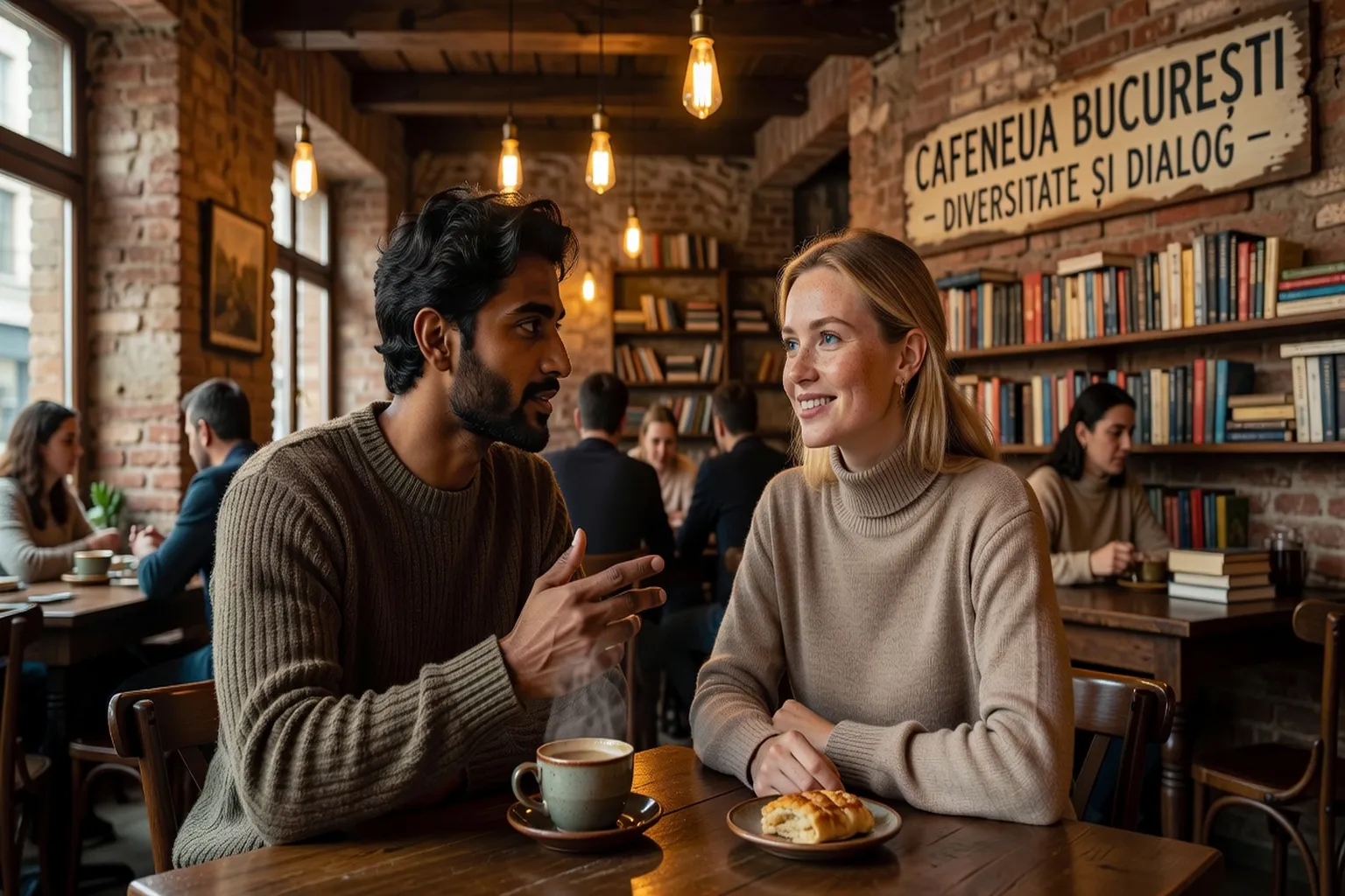 Couple interculturel franco-roumain en discussion dans un café de Bucarest