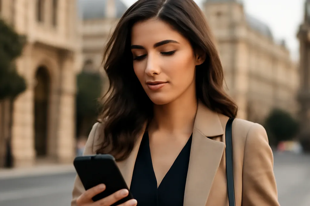 Voyageuse consultant un itinéraire et son téléphone avant un rendez-vous dans le centre-ville de Bakou