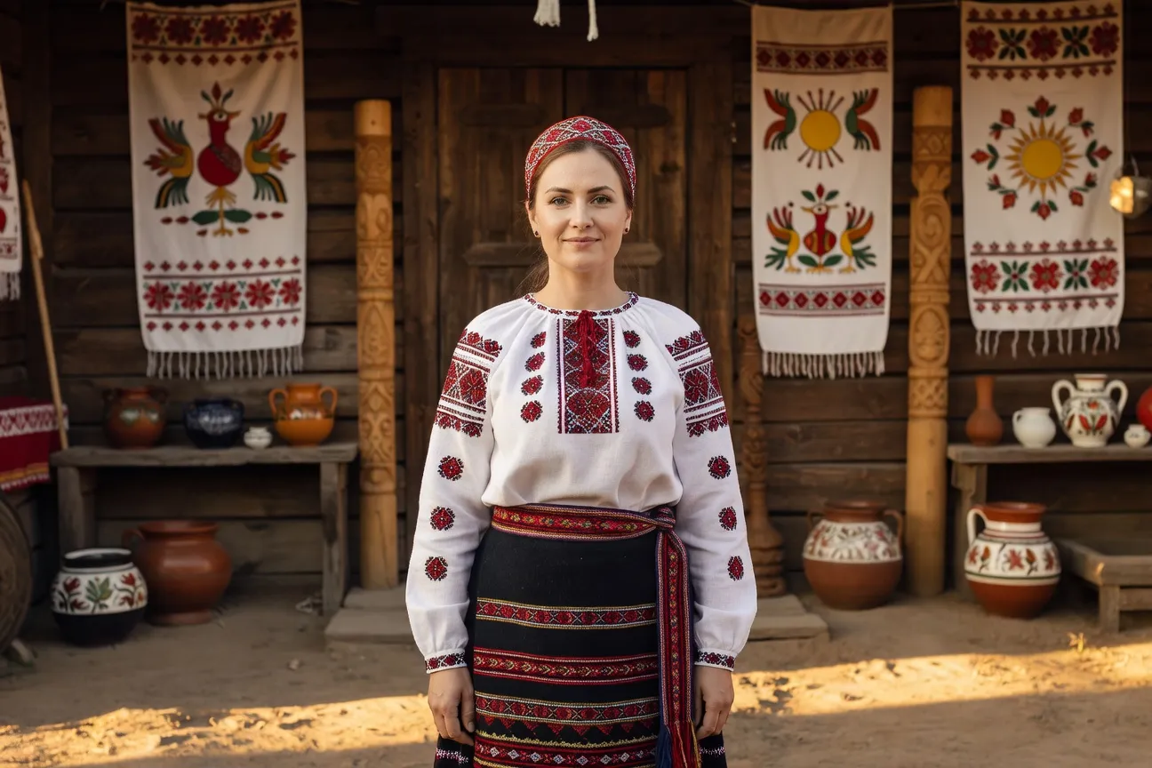 Femme biélorusse en tenue traditionnelle brodée, Minsk, ambiance culturelle authentique