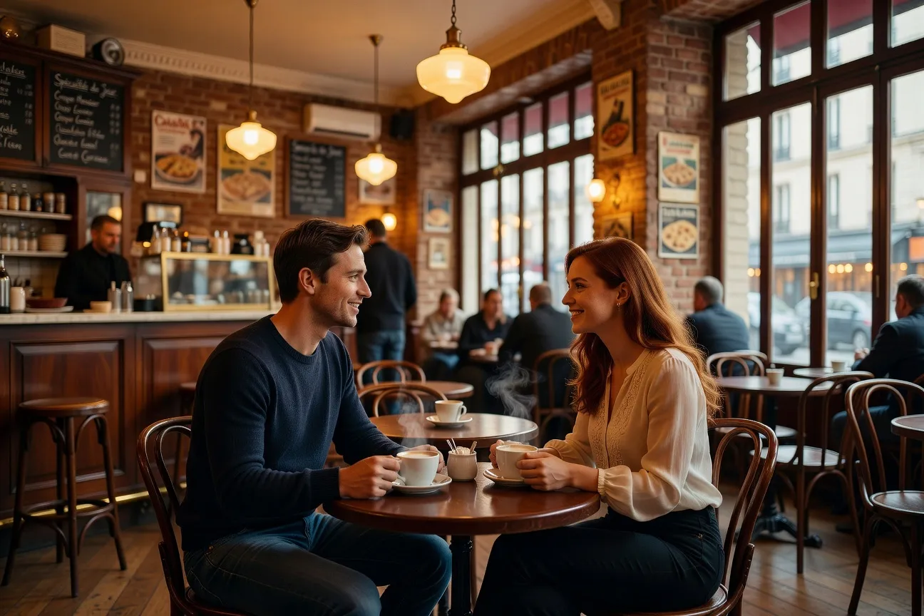 Couple franco-biélorusse discutant dans un café parisien, ambiance chaleureuse