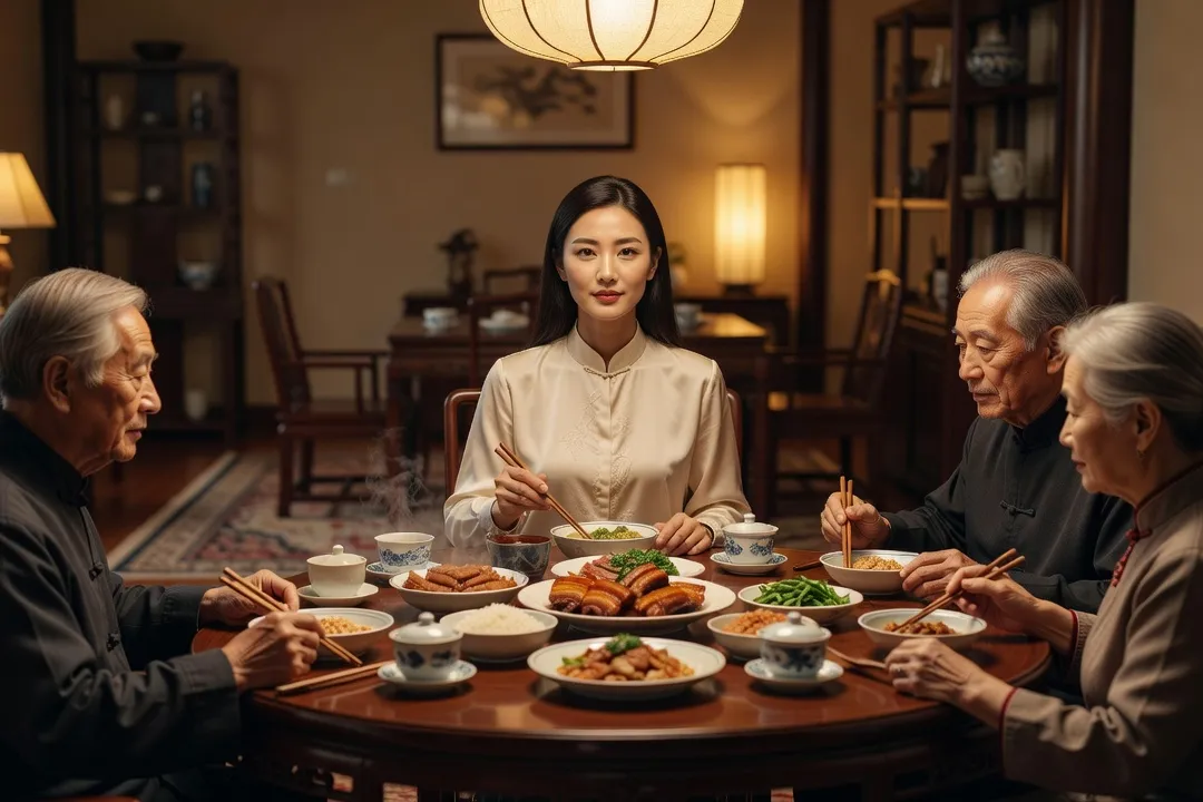Repas de famille chinois autour d'une table ronde dans un intérieur traditionnel