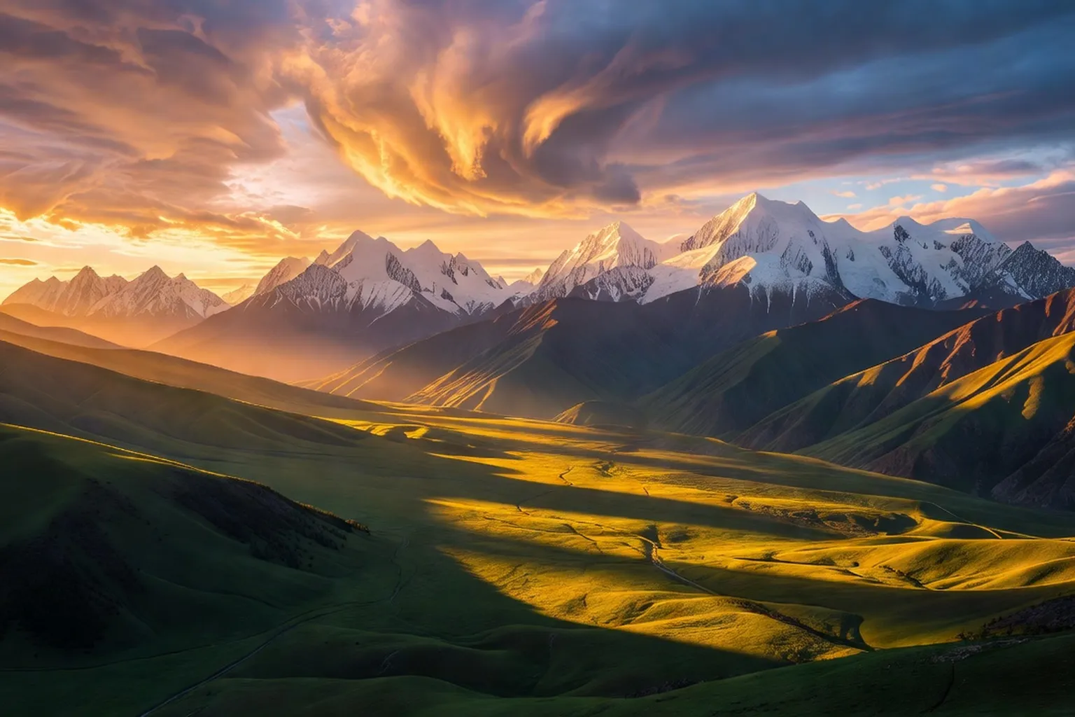 Montagnes du Kirghizistan au coucher du soleil