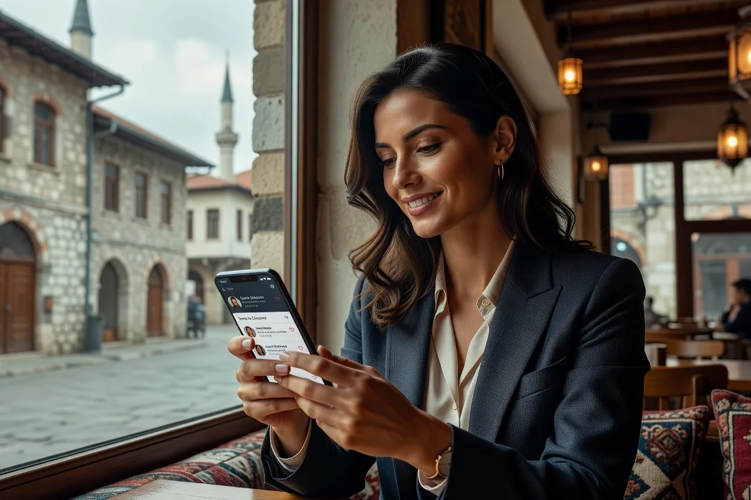Femme utilisant une application de rencontre dans un café de Sarajevo en Bosnie-Herzégovine