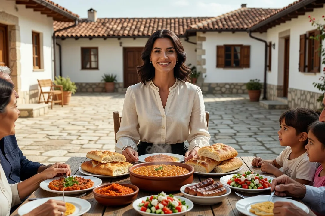 Femme partageant un repas familial traditionnel à Skopje en Macédoine du Nord