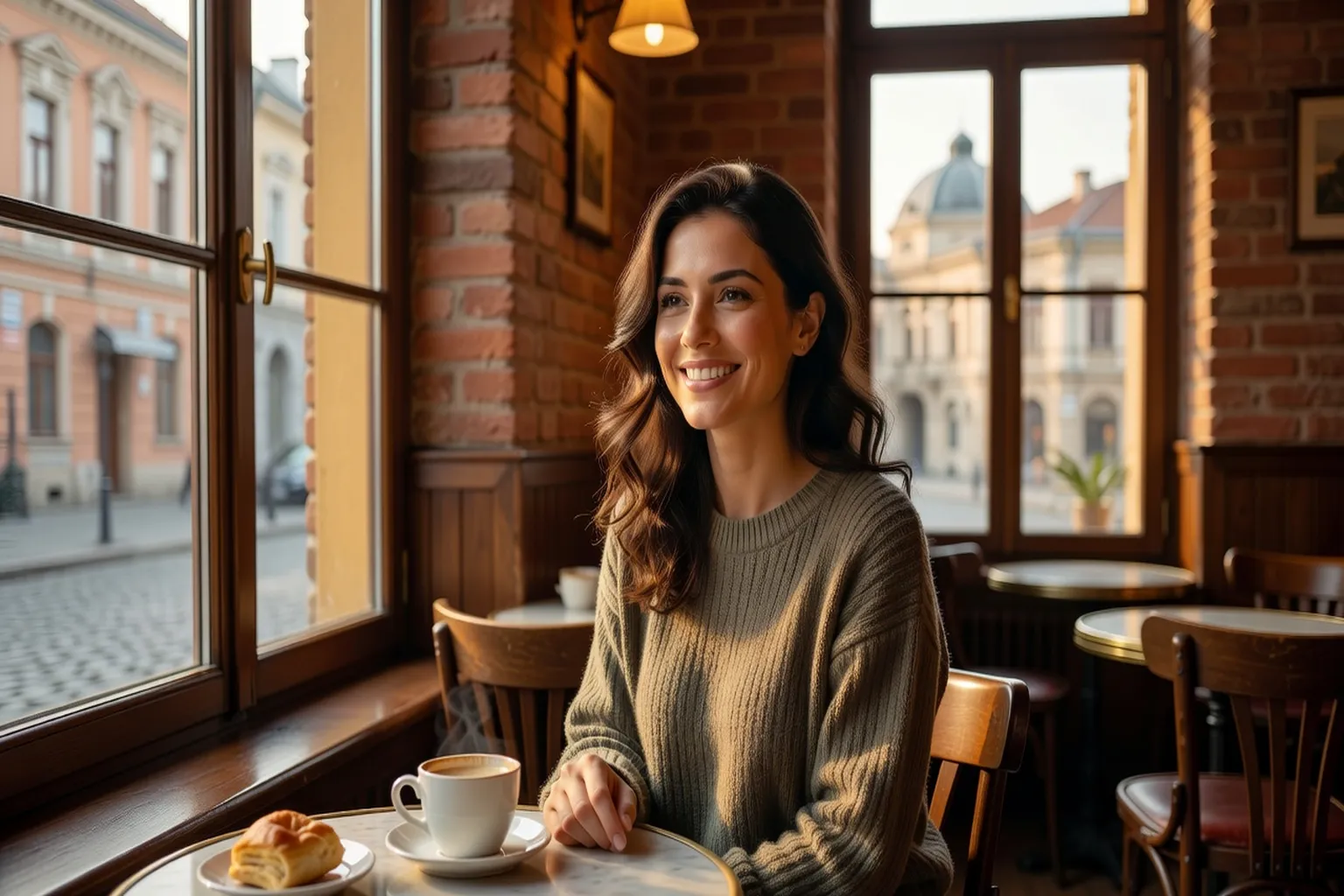 Femme roumaine souriante dans un café de Bucarest