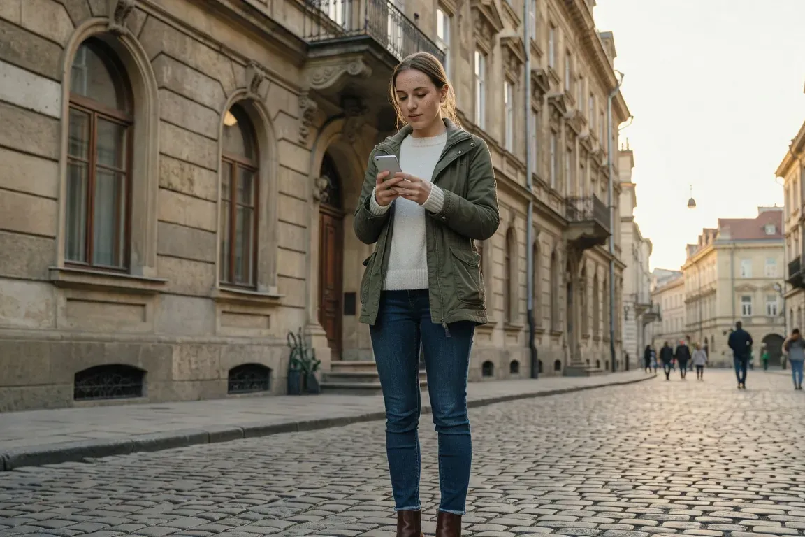 Femme ukrainienne consultant son smartphone dans une ville européenne
