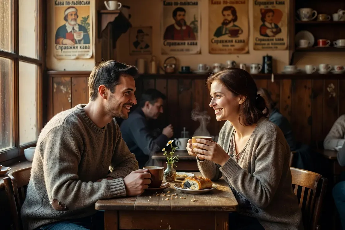 Couple en conversation dans un café chaleureux d'Europe de l'Est