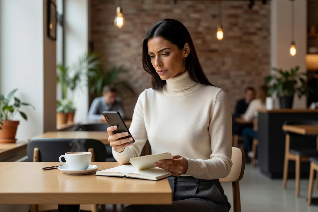 Femme comparant les offres de sites de rencontre sur son smartphone et un carnet dans un café