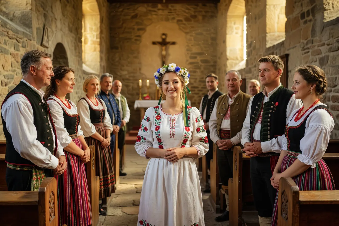 Couple franco-slave devant l'iconostase d'une église orthodoxe traditionnelle
