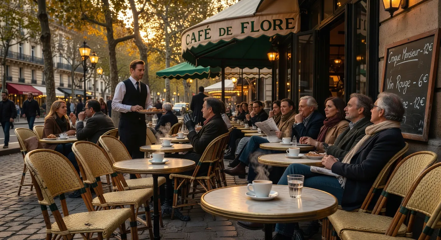 Terrasse de café parisienne animée en fin de journée