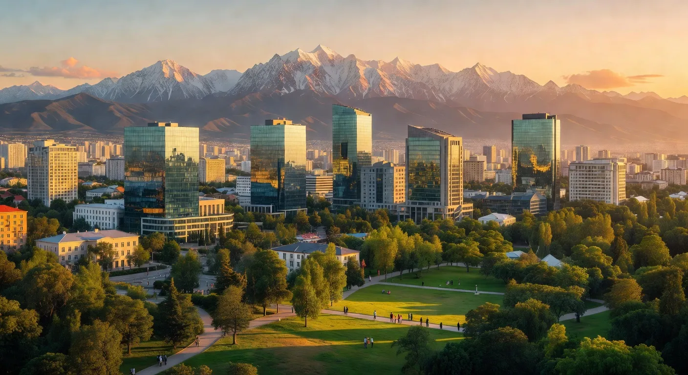 Vue panoramique d'Almaty avec les montagnes du Tian Shan