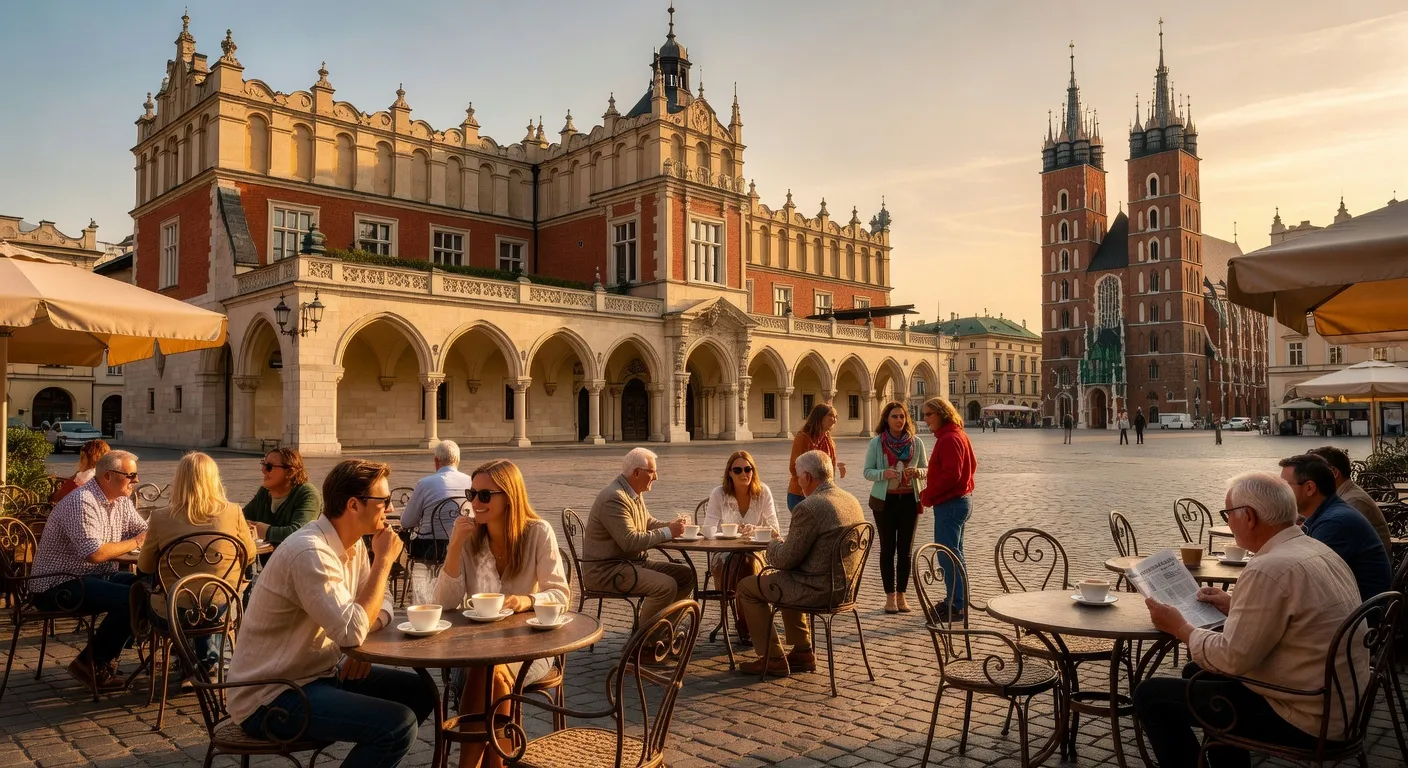 Terrasse de café dans la vieille ville de Cracovie