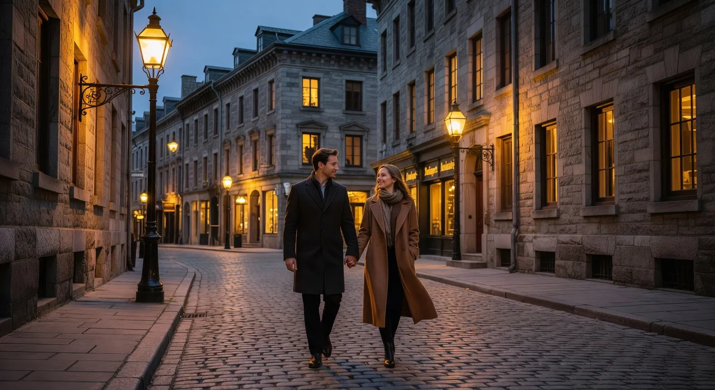 Vieux-Montréal et ses rues pavées romantiques en soirée