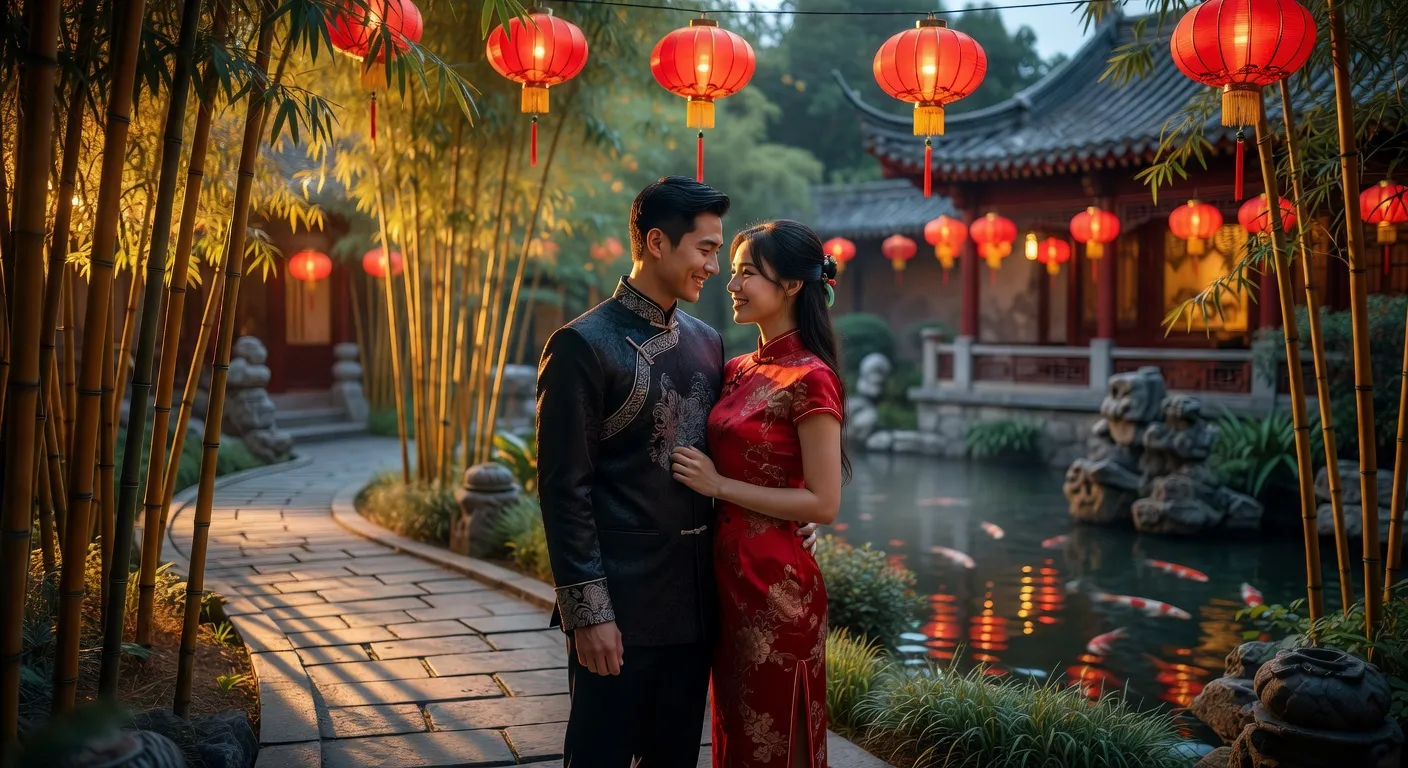 Couple dans un jardin traditionnel chinois