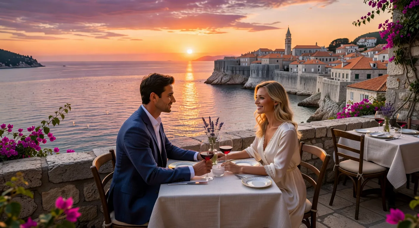 Couple dînant en terrasse face à l'Adriatique à Dubrovnik