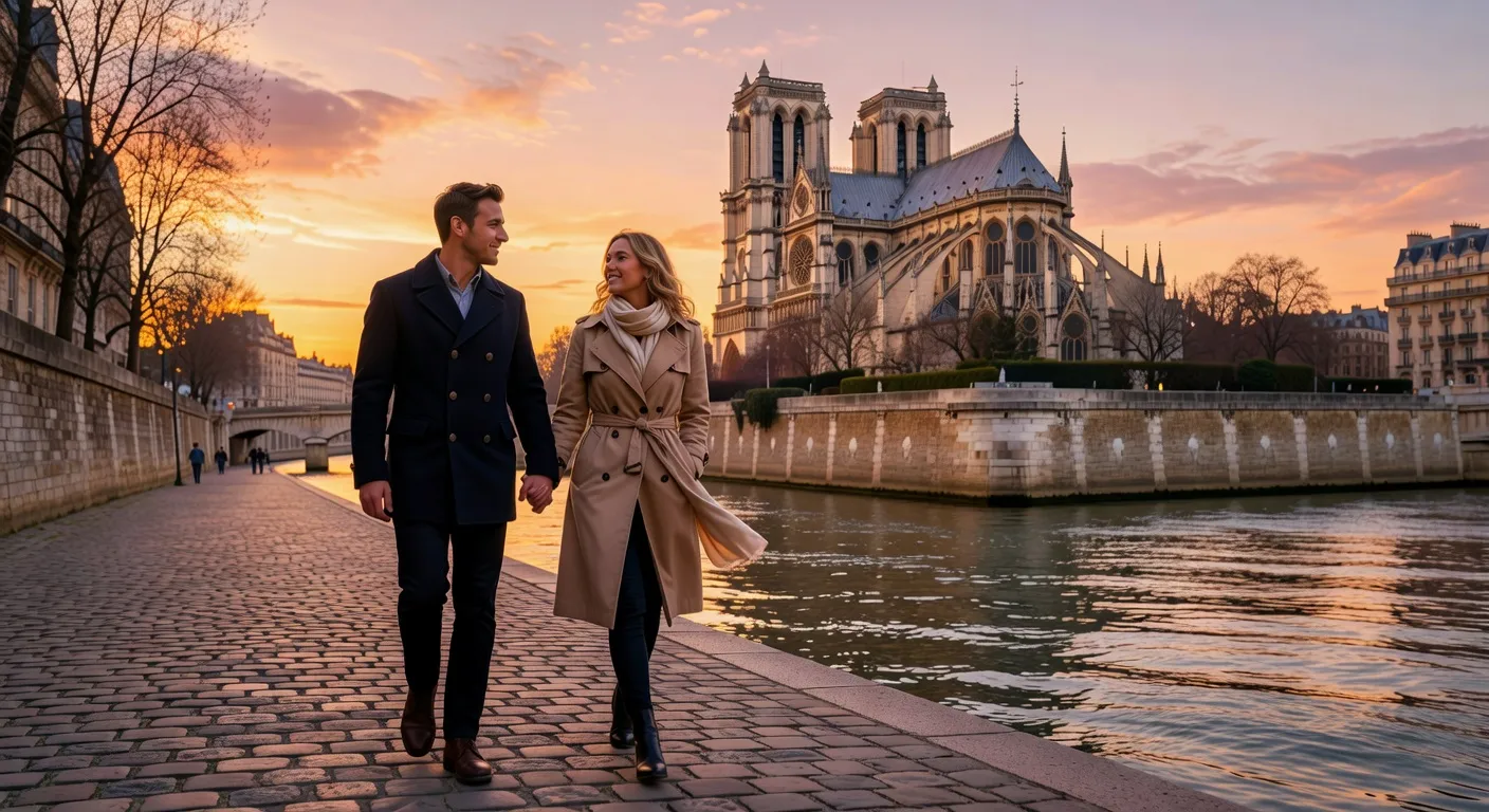 Couple se promenant le long de la Seine au crépuscule