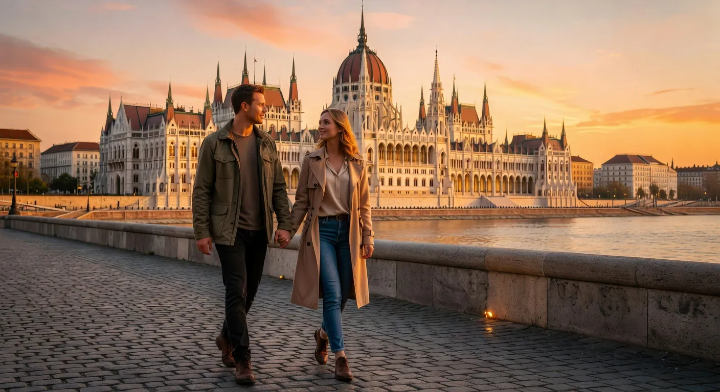 Couple se promenant sur les rives du Danube à Budapest