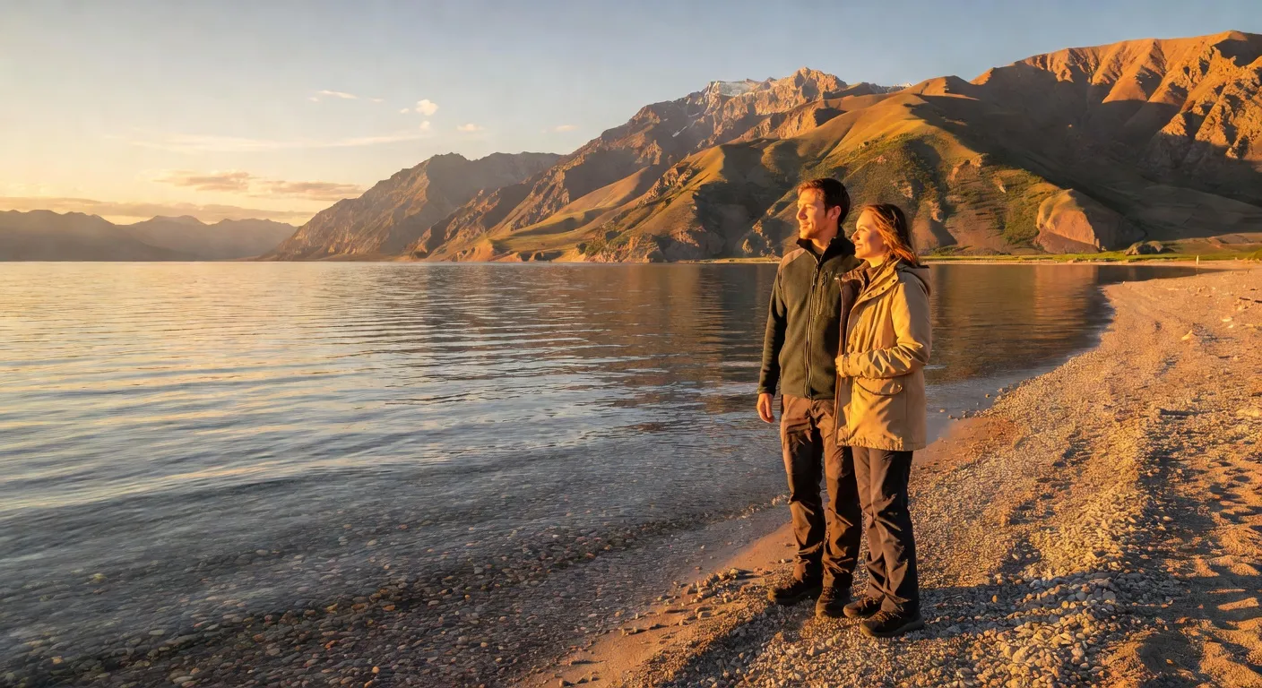 Couple près du lac Issyk-Koul au Kirghizistan