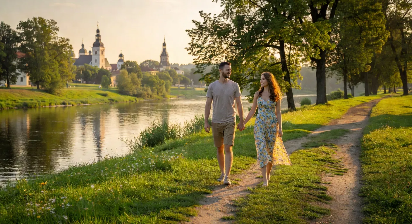 Couple se promenant le long de la rivière Neris à Vilnius