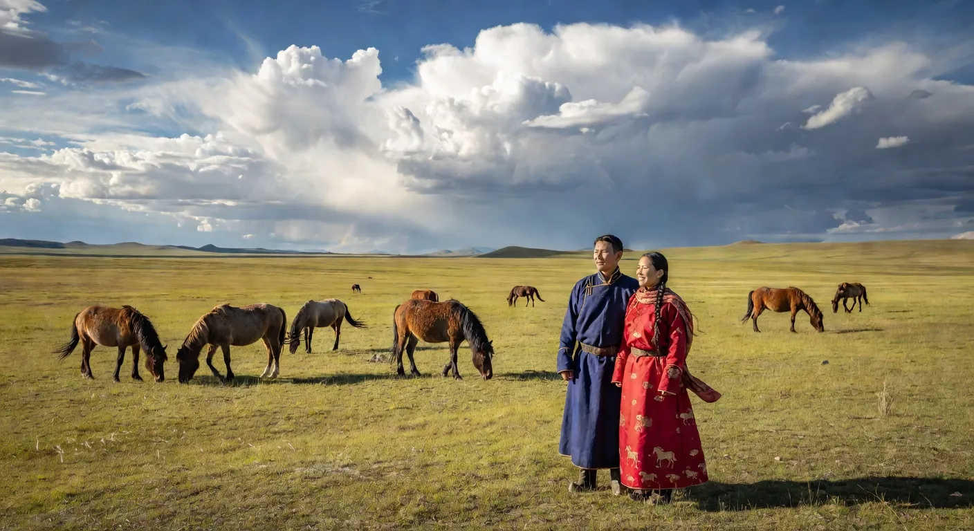 Couple devant un paysage de steppe mongole