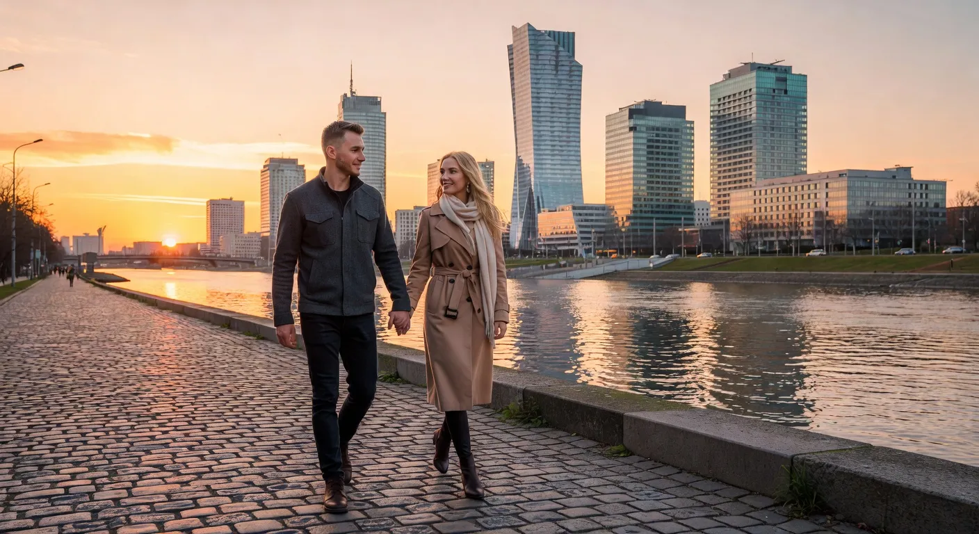 Couple se promenant le long de la Vistule à Varsovie