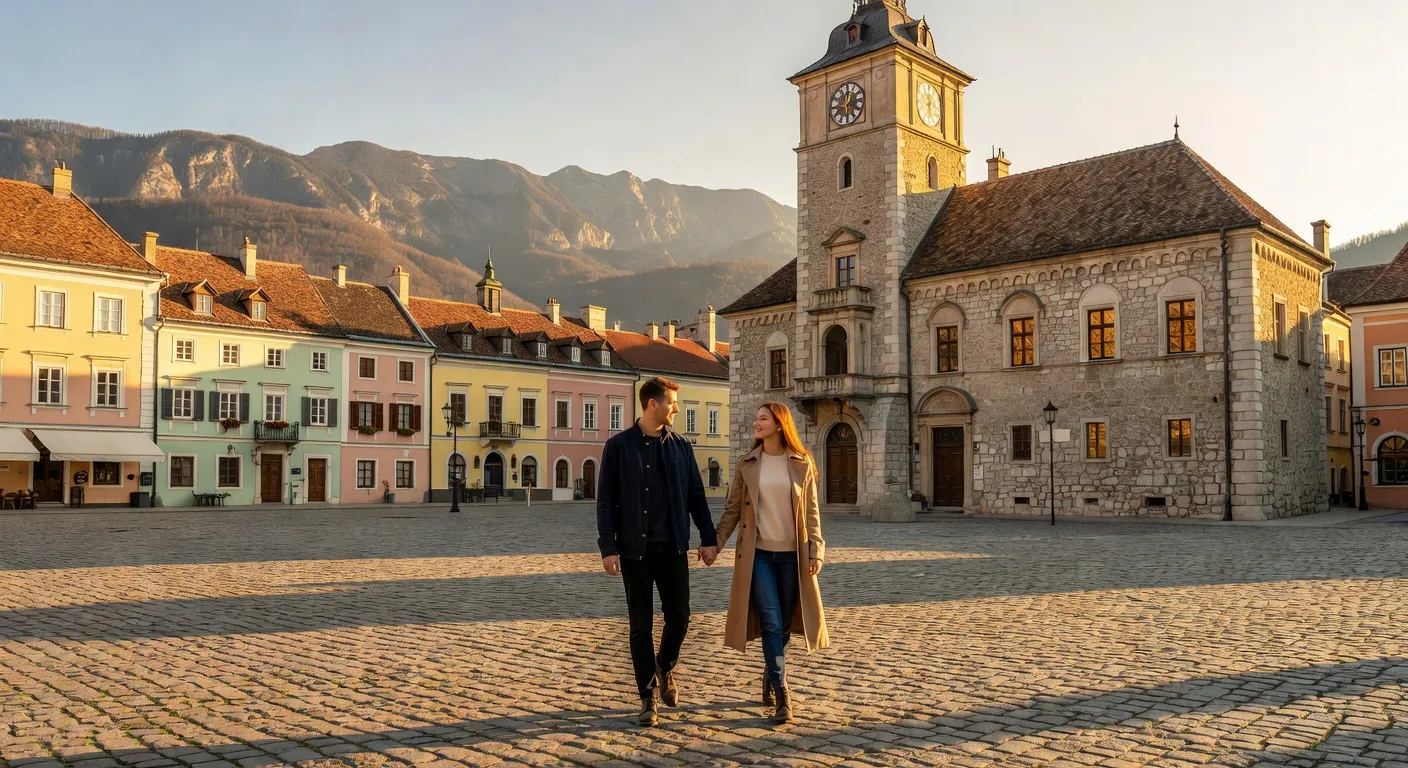 Couple se promenant dans le centre historique de Brasov