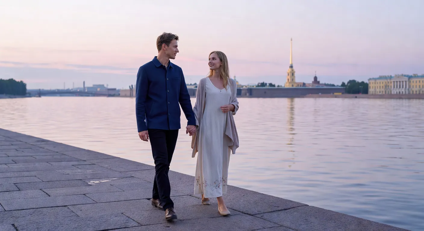 Couple se promenant le long de la Neva à Saint-Pétersbourg