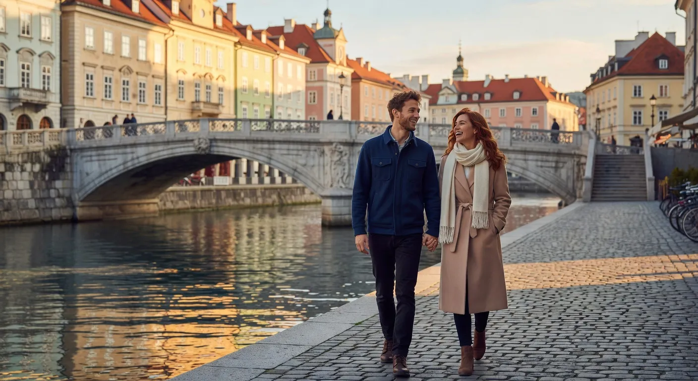 Couple dans les rues piétonnes de Ljubljana