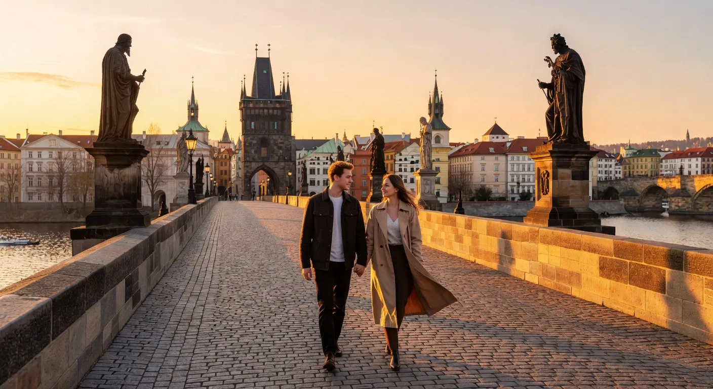Couple se promenant sur le pont Charles à Prague